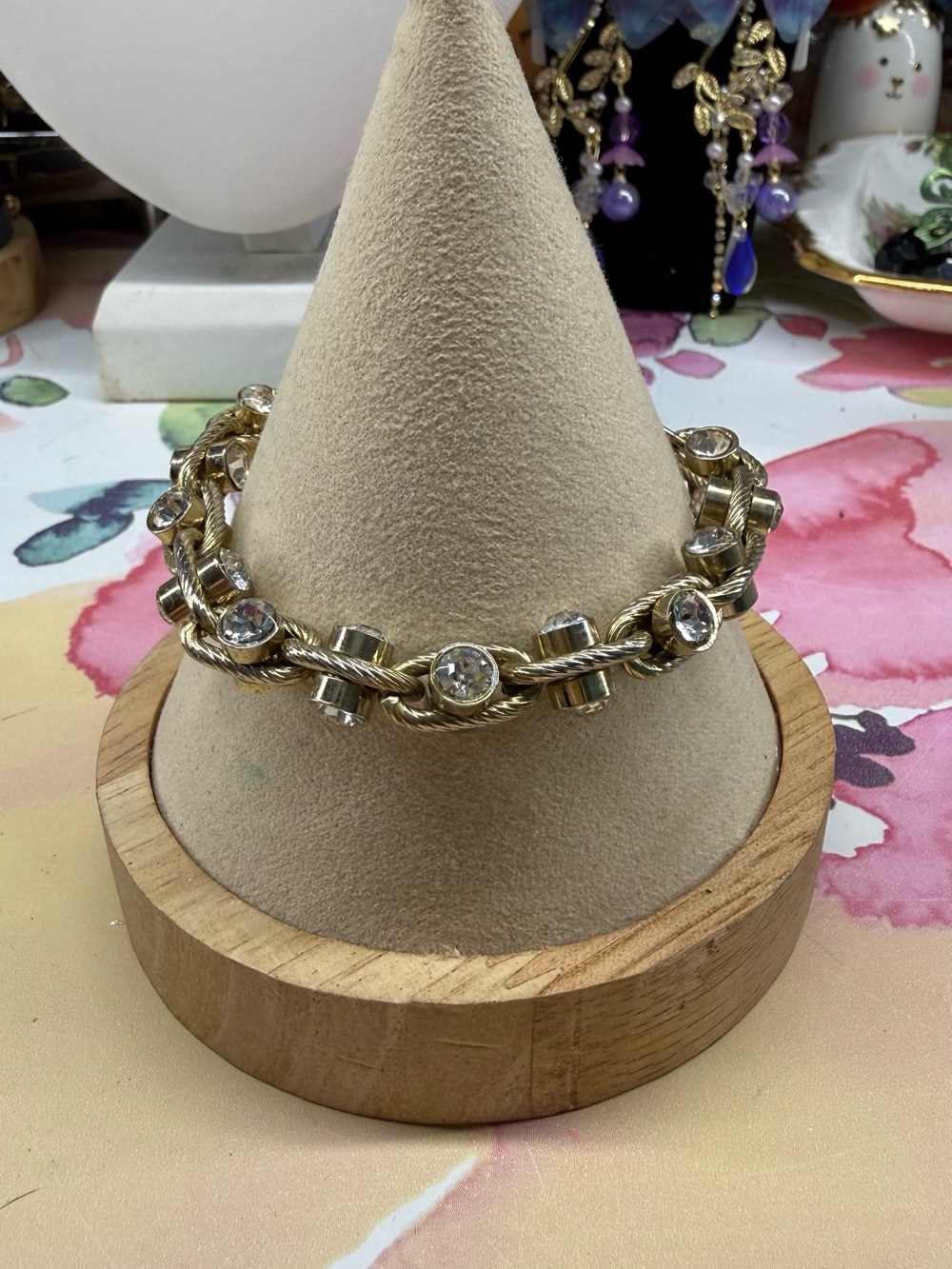 Vintage Gold Rope Chain Bracelet with Double sided Clear Crystal Accents